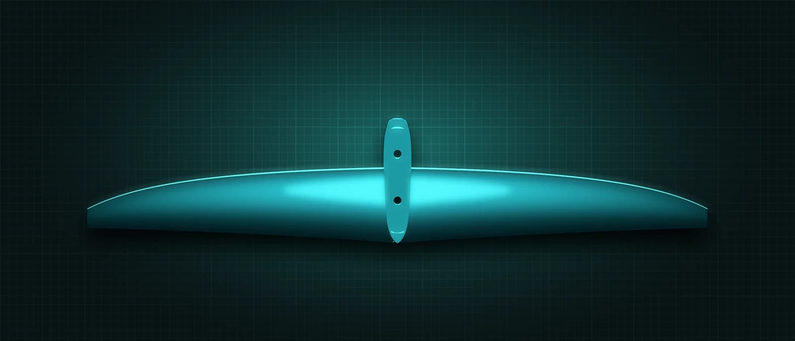REVSTAR stabilizer drawn as a solid teal form, its leading edge lit in cyan, above a dark grid floor, seen from straight above — its mount and two bolt holes running across the root