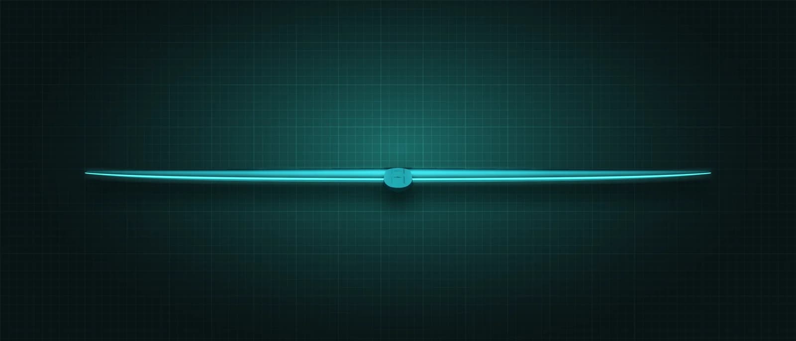 REVSTAR stabilizer drawn as a solid teal form, its leading edge lit in cyan, above a dark grid floor, seen head-on from the leading edge — its thin span edge-on, showing how far the tips droop, with the mount at the centre