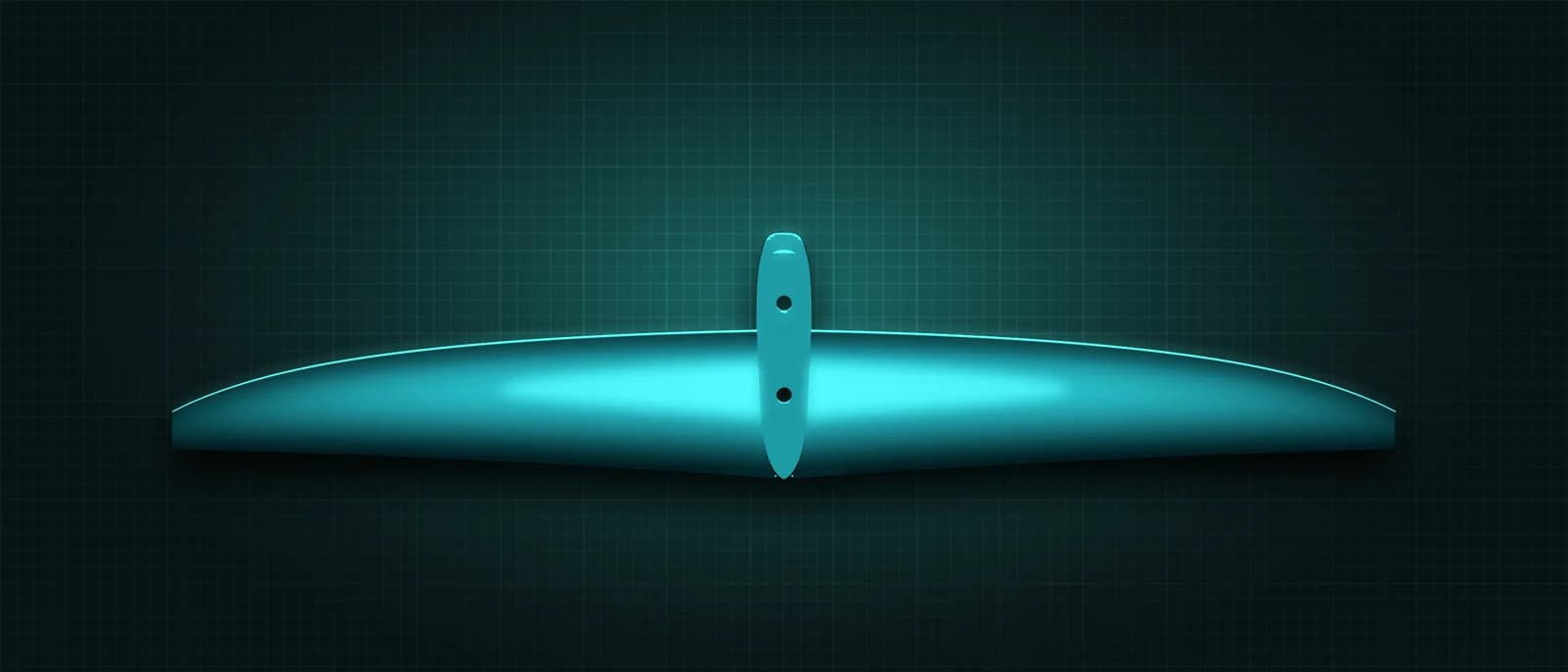 REVSTAR stabilizer drawn as a solid teal form, its leading edge lit in cyan, above a dark grid floor, seen from straight above — its mount and two bolt holes running across the root