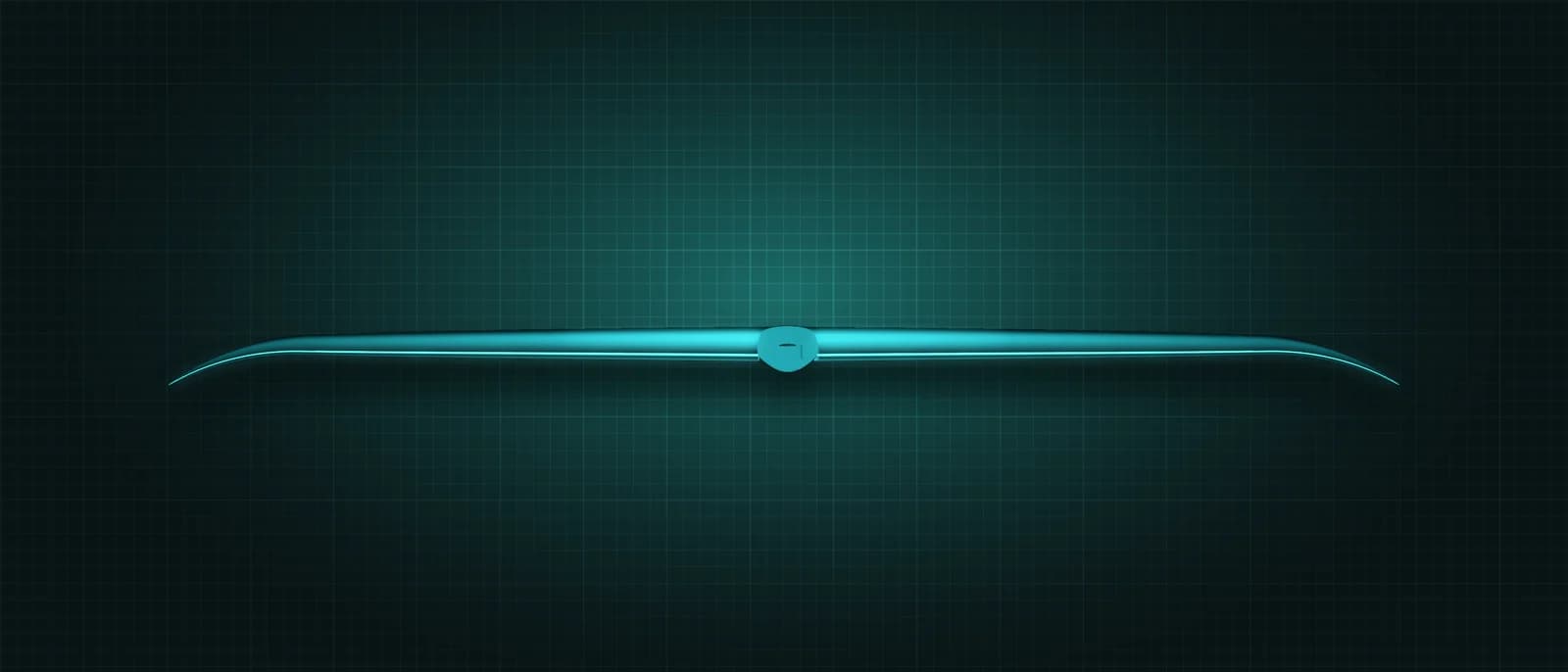 REVSTAR stabilizer drawn as a solid teal form, its leading edge lit in cyan, above a dark grid floor, seen head-on from the leading edge — its thin span edge-on, showing how far the tips droop, with the mount at the centre