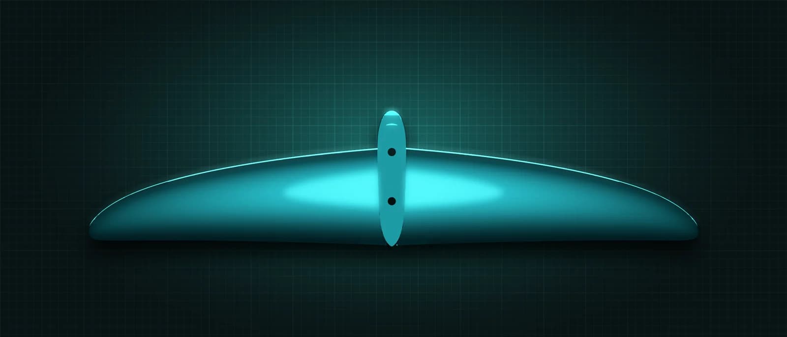 REVSTAR stabilizer drawn as a solid teal form, its leading edge lit in cyan, above a dark grid floor, seen from straight above — its mount and two bolt holes running across the root