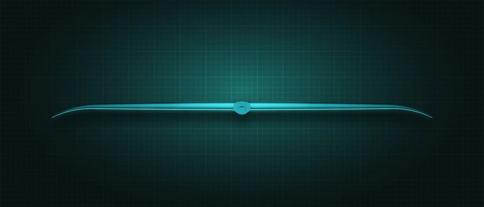 REVSTAR stabilizer drawn as a solid teal form, its leading edge lit in cyan, above a dark grid floor, seen head-on from the leading edge — its thin span edge-on, showing how far the tips droop, with the mount at the centre