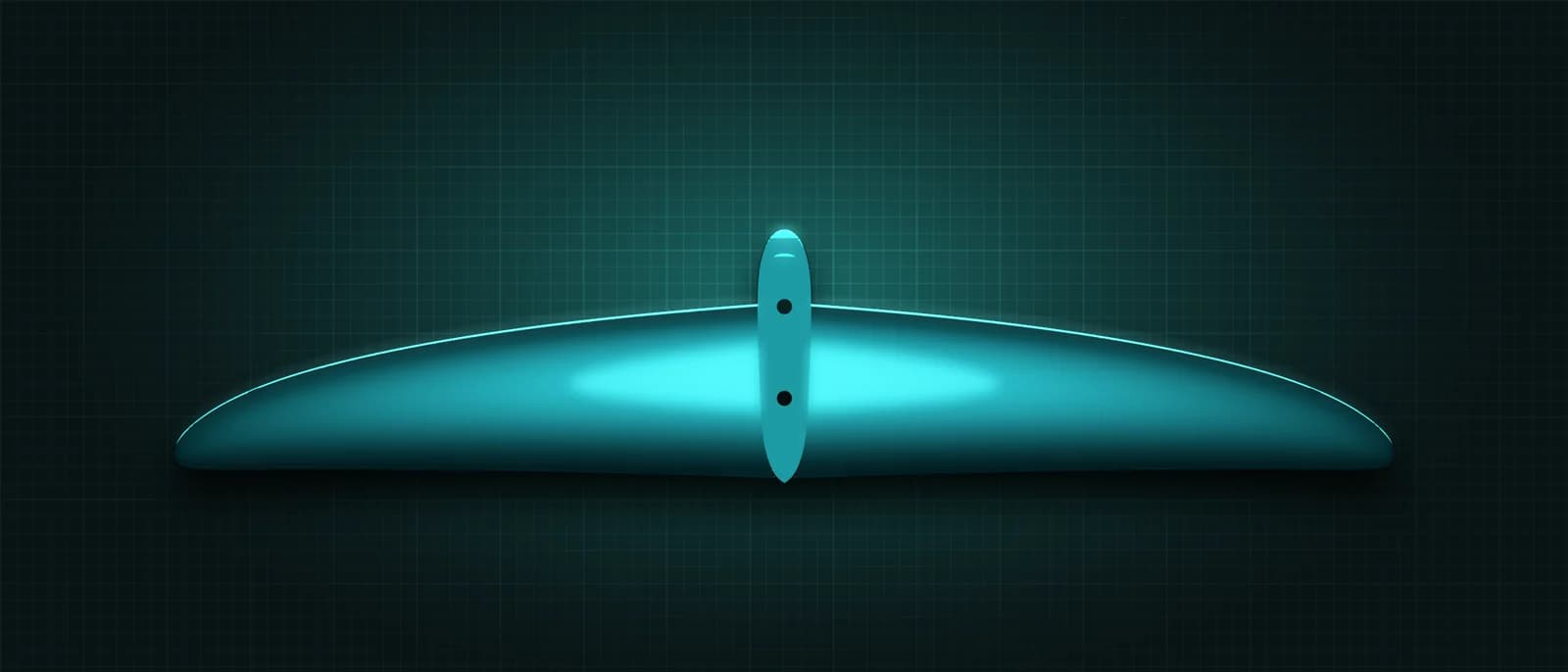 REVSTAR stabilizer drawn as a solid teal form, its leading edge lit in cyan, above a dark grid floor, seen from straight above — its mount and two bolt holes running across the root
