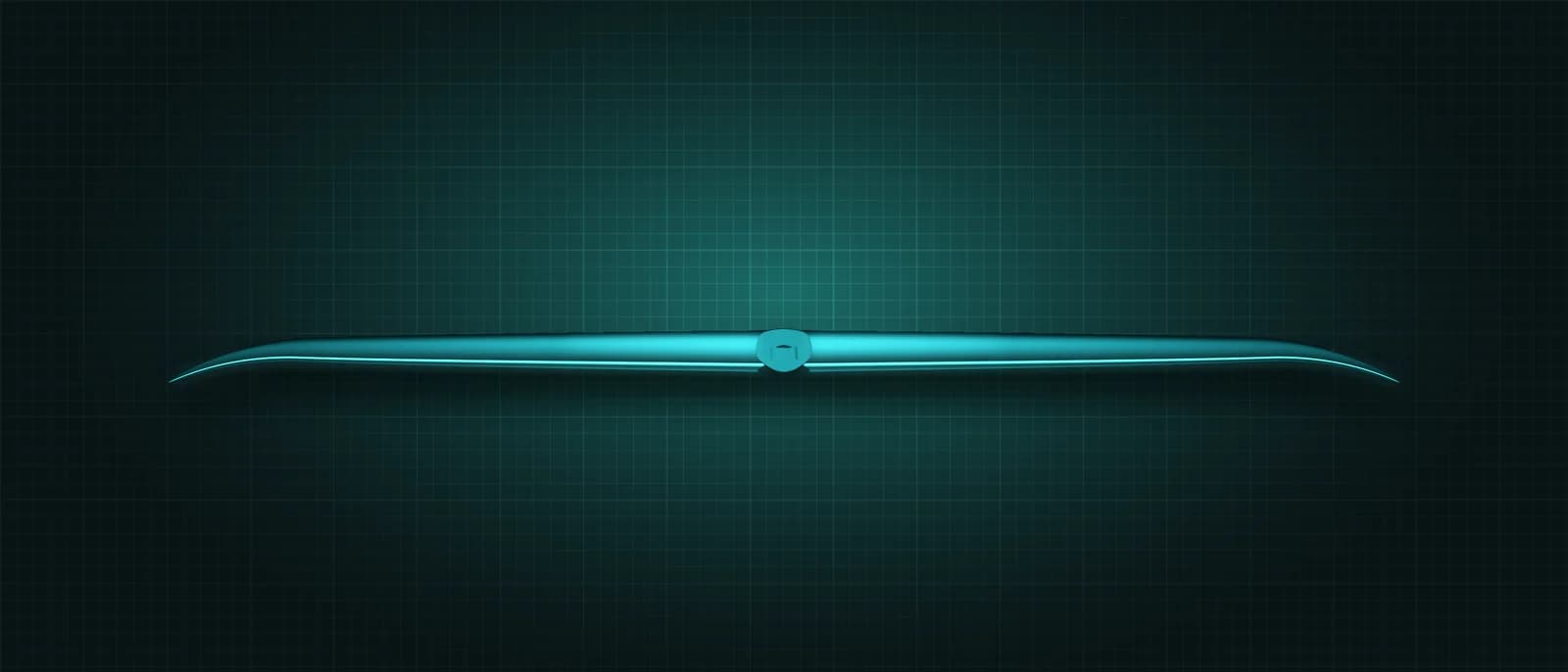REVSTAR stabilizer drawn as a solid teal form, its leading edge lit in cyan, above a dark grid floor, seen head-on from the leading edge — its thin span edge-on, showing how far the tips droop, with the mount at the centre