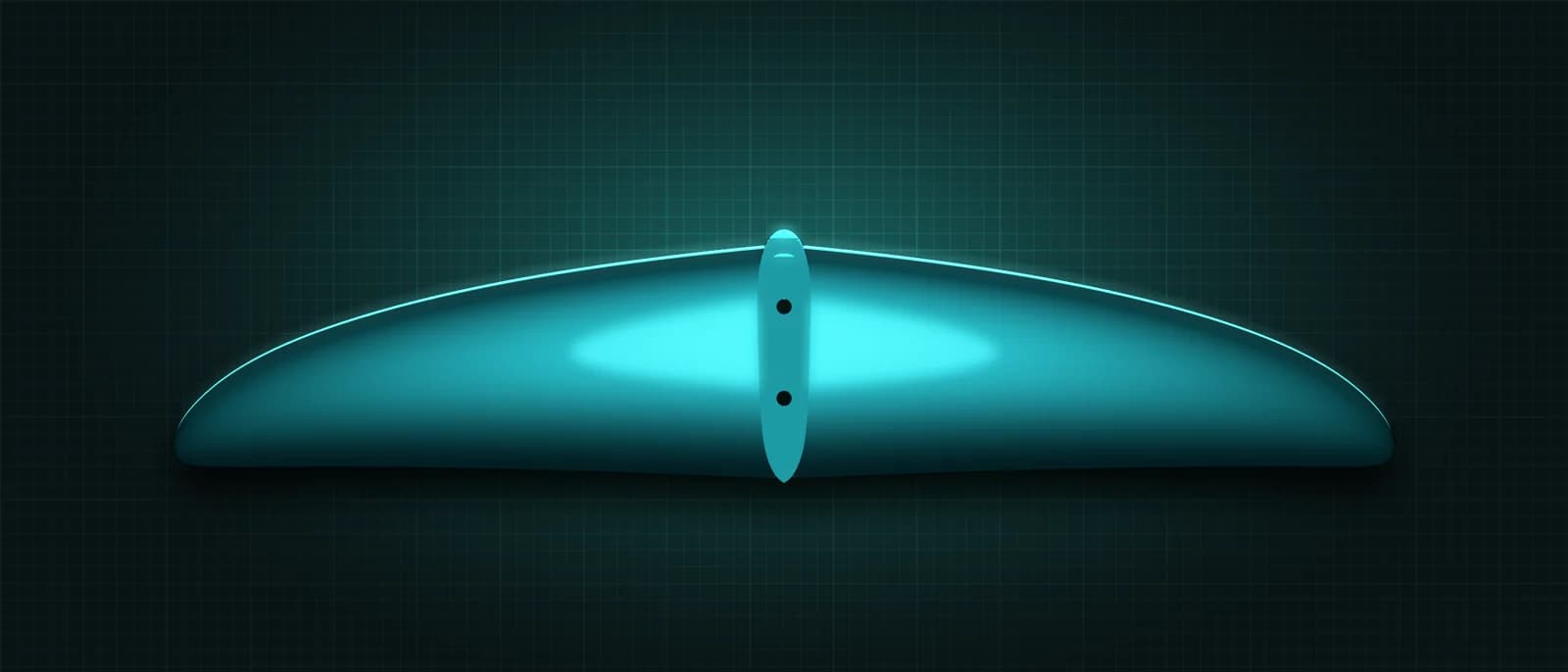 REVSTAR stabilizer drawn as a solid teal form, its leading edge lit in cyan, above a dark grid floor, seen from straight above — its mount and two bolt holes running across the root