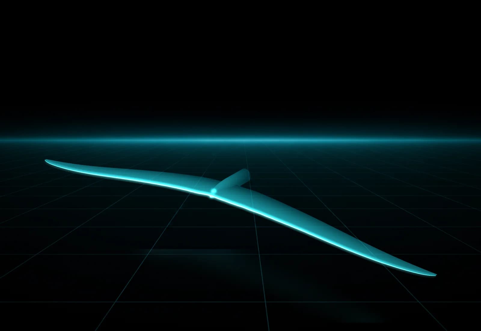 REVSTAR frontwing with a very long, slender high-aspect span tapering to fine tips, its leading edge glowing cyan, above a dark grid floor, seen from above and to one side with its reflection under it