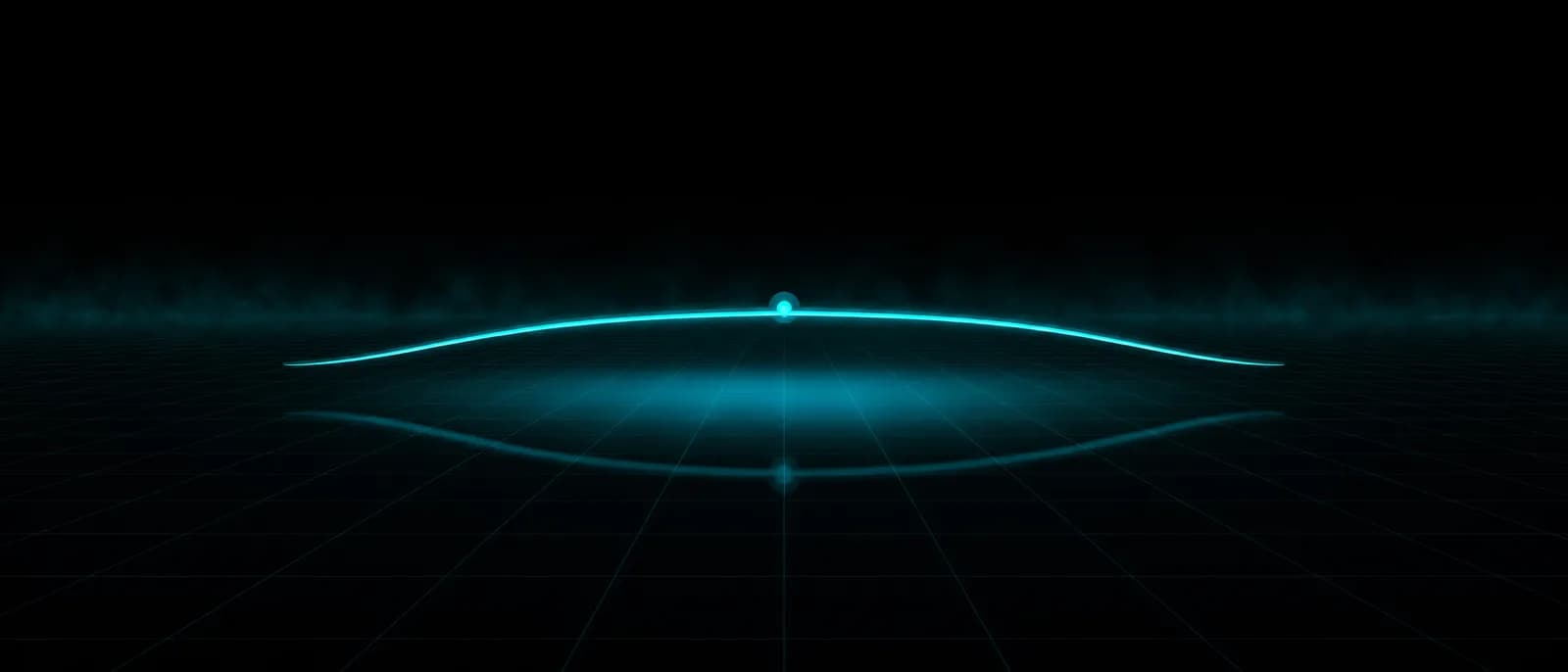 REVSTAR frontwing seen head-on as a thin lit cyan line above a dark grid floor — a long gentle anhedral arc, centre high at the pod and both tips swept down