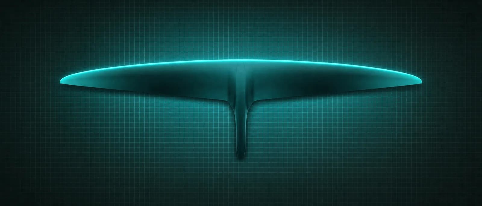 REVSTAR frontwing with a very long, slender high-aspect span tapering to fine tips, its leading edge glowing cyan, above a dark grid floor, planform seen from straight above with the fuselage pod at the centre